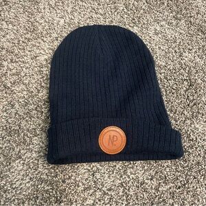 Navy Blue Knit Beanie with Leather Patch Unisex One Size